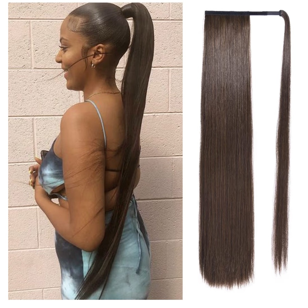 SEIKEA Long Ponytail Extension, Clip in Ponytail Synthetic, 35 Inch, Dark Brown